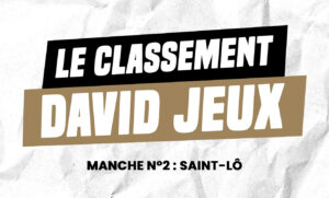 Graphic poster with bold black and tan diagonal ribbons reading 'LE CLASSEMENT DAVID JEUX' and the caption 'MANCHE N°2: SAINT-LÔ'.