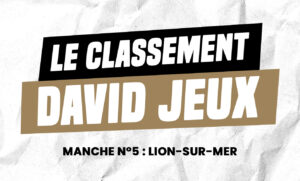 Poster-style title card: 'Le Classement David Jeux' with 'Manche n°5: Lion-sur-Mer' on a crumpled background.